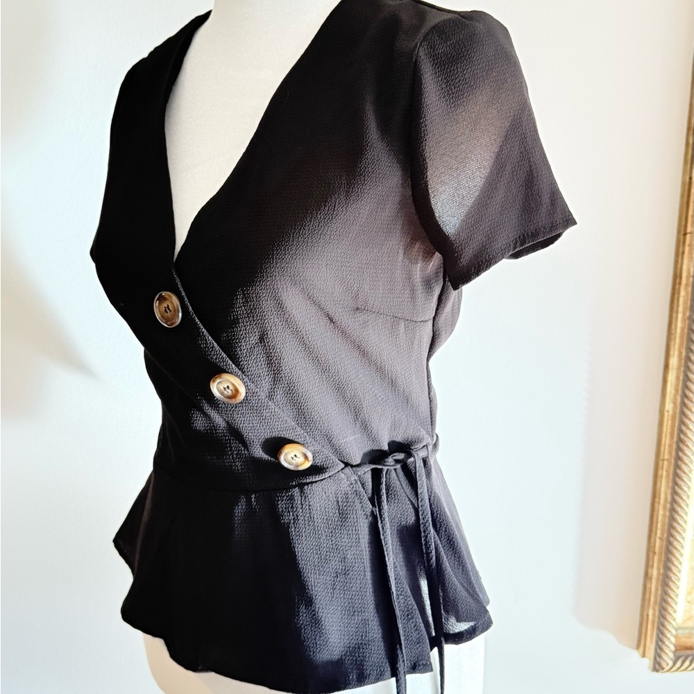 Chic Black Buttoned Wrap Blouse NWT - image 3